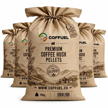 Multiple bags of COFFUEL Coffee Husk Pellets on a white background