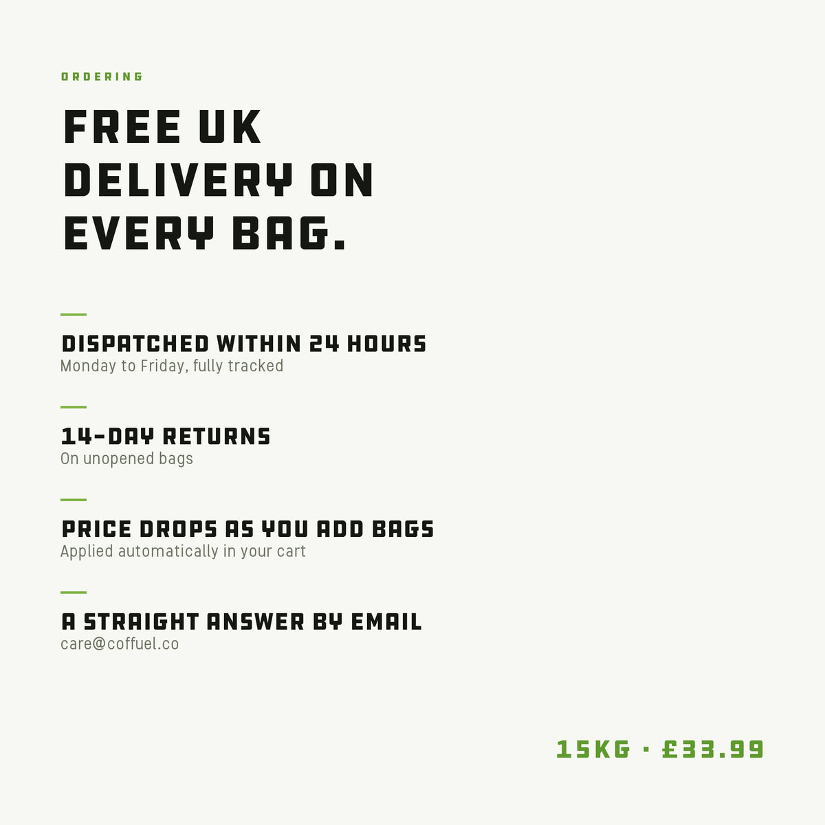 Free UK delivery, 24 hour dispatch, 14-day returns