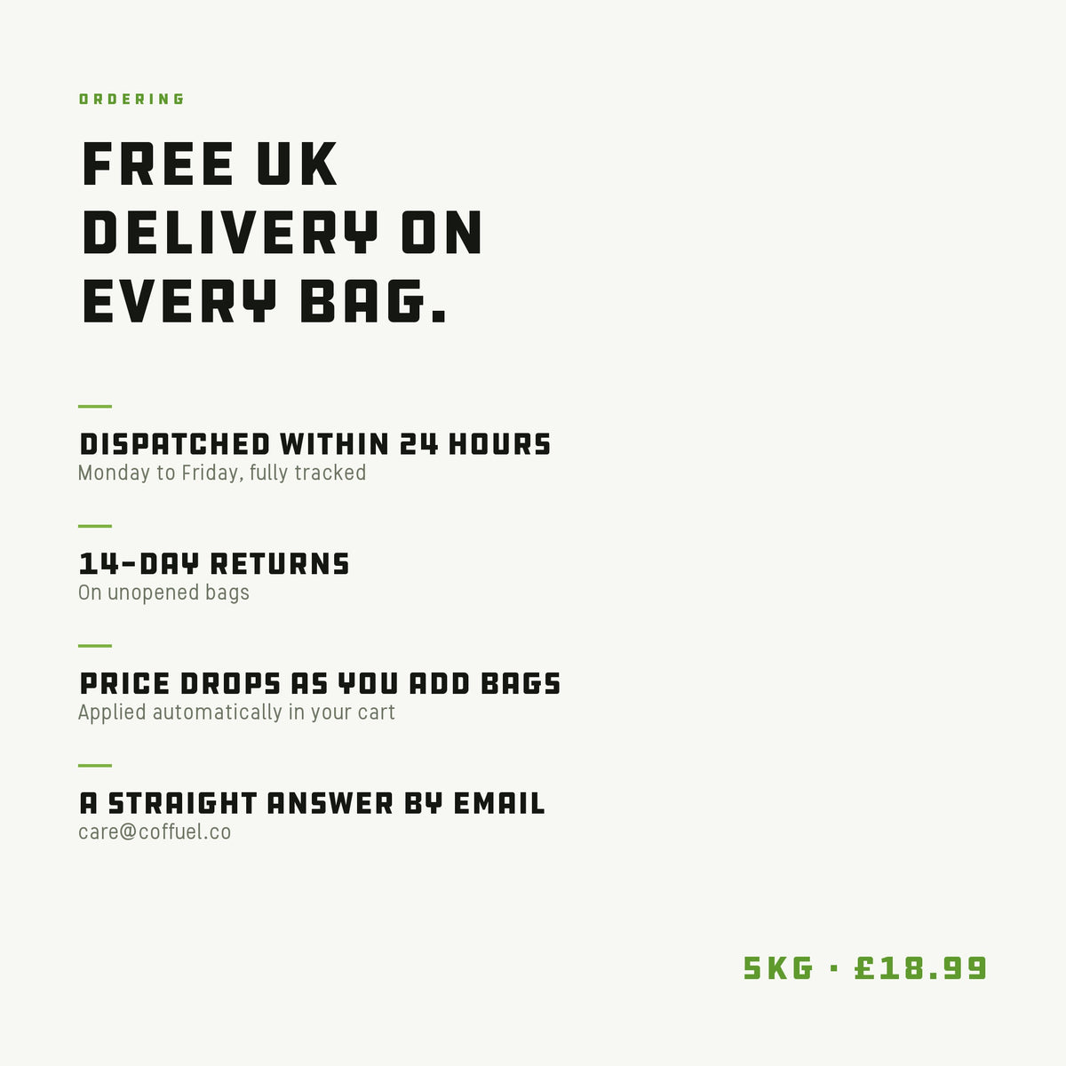 Free UK delivery, 24 hour dispatch, 14-day returns