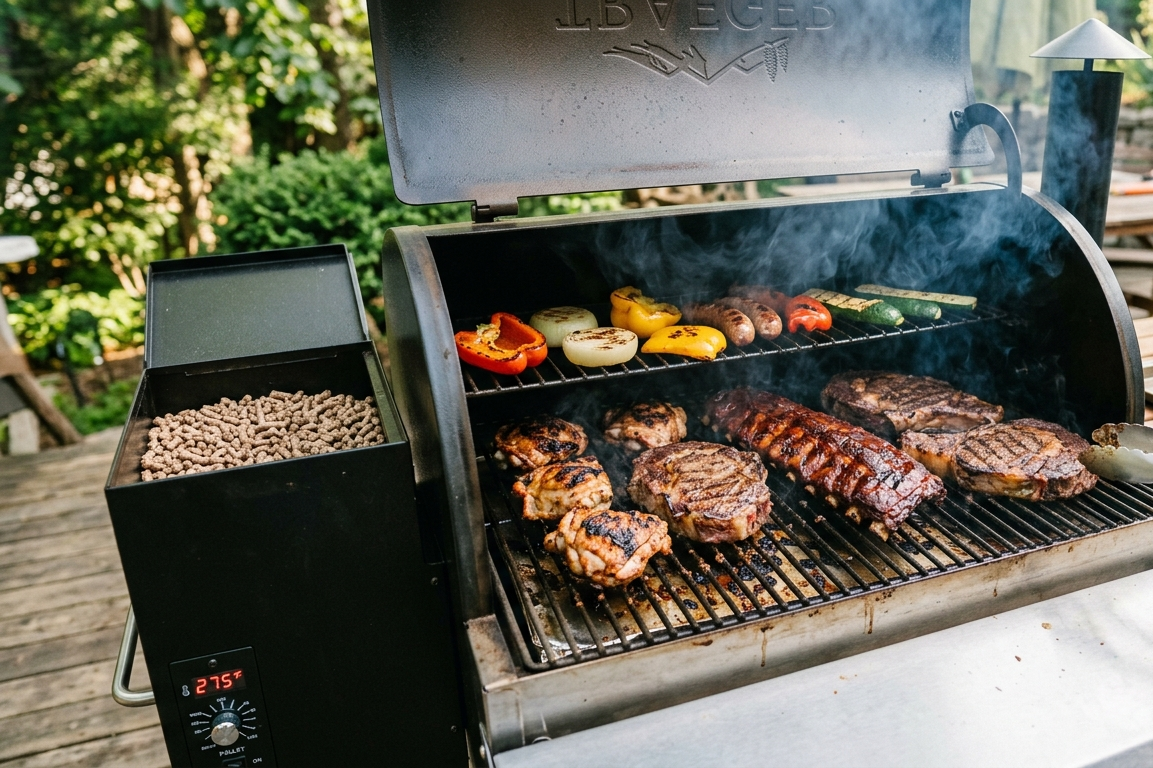 An outdoor charcoal grill with the lid open, cooking several beef steaks and vegetables on the grates. Bean bags are visible in the left side container, and a patio dining area with tables and greenery is in the background.