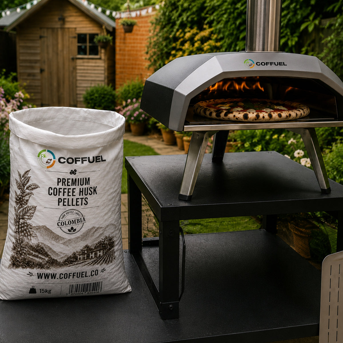 COFFUEL beside a pellet-fired pizza oven